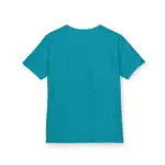Flat lay photograph of a teal blue short-sleeve crew neck t-shirt displayed from the back on a white background