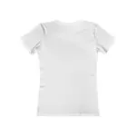 Flat lay photograph of a plain white short-sleeve crew neck t-shirt displayed from the back on a white background