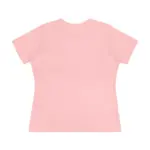 Flat lay photograph of a light pink short-sleeve crew neck t-shirt displayed from the back on a white background