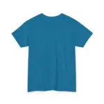 Back view of teal blue short-sleeve crew neck t-shirt with small sleeve logo detail, laid flat against white background showing plain solid color back with no graphics