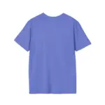 Back view of periwinkle blue short-sleeve crew neck t-shirt laid flat against white background, showing plain solid color back with no graphics or text
