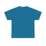 Back view of teal blue short-sleeve crew neck t-shirt with small logo detail on left sleeve, laid flat against white background showing plain unprinted back