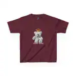 Burgundy short-sleeve t-shirt with graphic print of a gray teddy bear wearing a gold crown and bow tie, with 'TEDDY BEAR' text below, displayed on white background