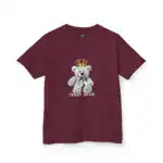Burgundy short-sleeve t-shirt laid flat showing front design of gray teddy bear wearing gold crown with bow tie and 'TEDDY BEAR' text, brand label visible at neckline