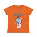 Flat lay photograph of an orange short-sleeve crew neck t-shirt featuring 'SUPER MOM' text in blue letters above an illustration of a mother viewed from behind wearing a denim jacket and white shorts, holding two young children, displayed on a white background