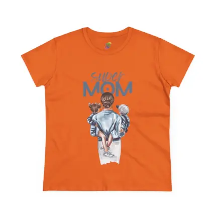 Flat lay photograph of an orange short-sleeve crew neck t-shirt featuring 'SUPER MOM' text in blue letters above an illustration of a mother viewed from behind wearing a denim jacket and white shorts, holding two young children, displayed on a white background