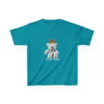 Flat lay photograph of a teal blue children's t-shirt with a centered graphic of a teddy bear wearing a gold crown and the text 'TEDDY BEAR' displayed on a white background