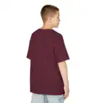 Back view of a burgundy short-sleeve t-shirt worn by a child model with light blue jeans, shown against a white background