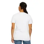 Woman with braided hair styled in a ponytail shown from behind wearing a plain white short-sleeve crew neck t-shirt and blue jeans against a white background