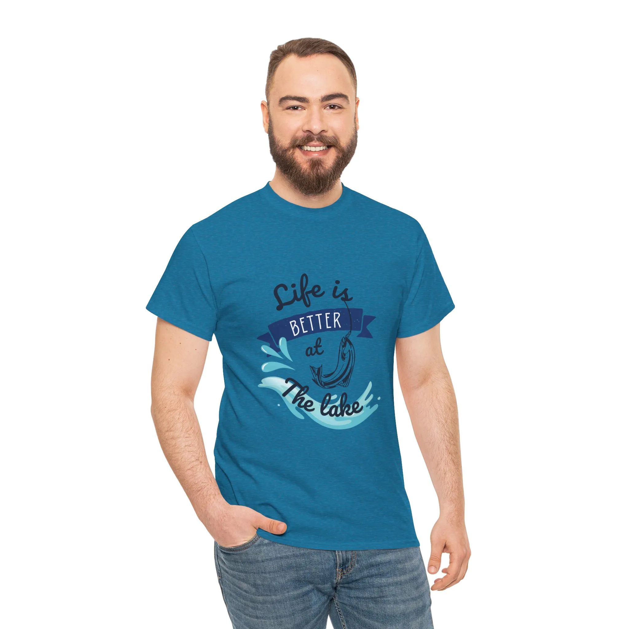 Man wearing blue t-shirt with "Life is Better at the Lake" anchor graphic design