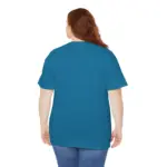 Back view of person wearing teal blue short-sleeve crew neck t-shirt with blue jeans, showing plain solid color back with no graphics against white background